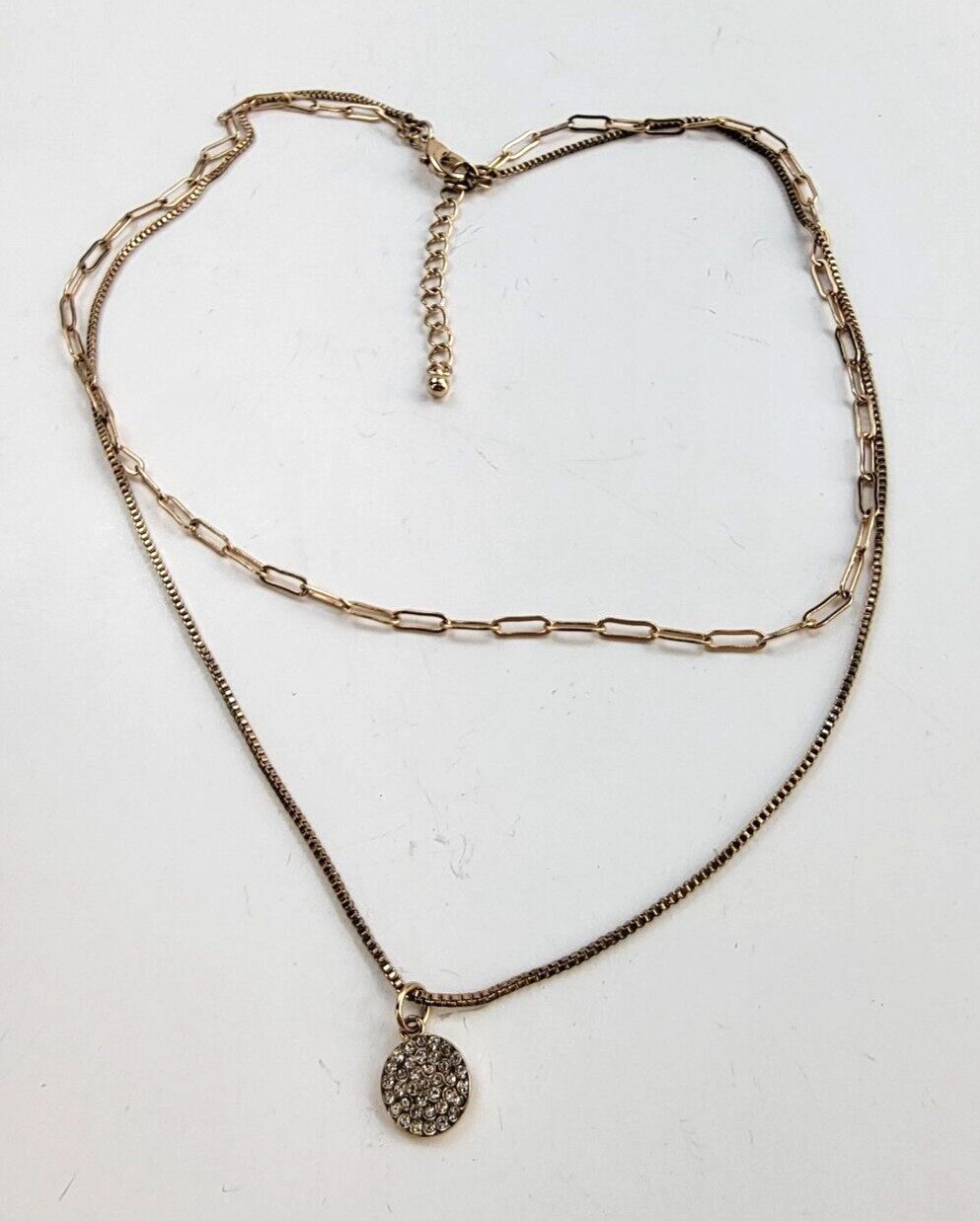 Rose Gold-Tone Double Chain Rhinestone Circle Pendant Necklace 20.5 in