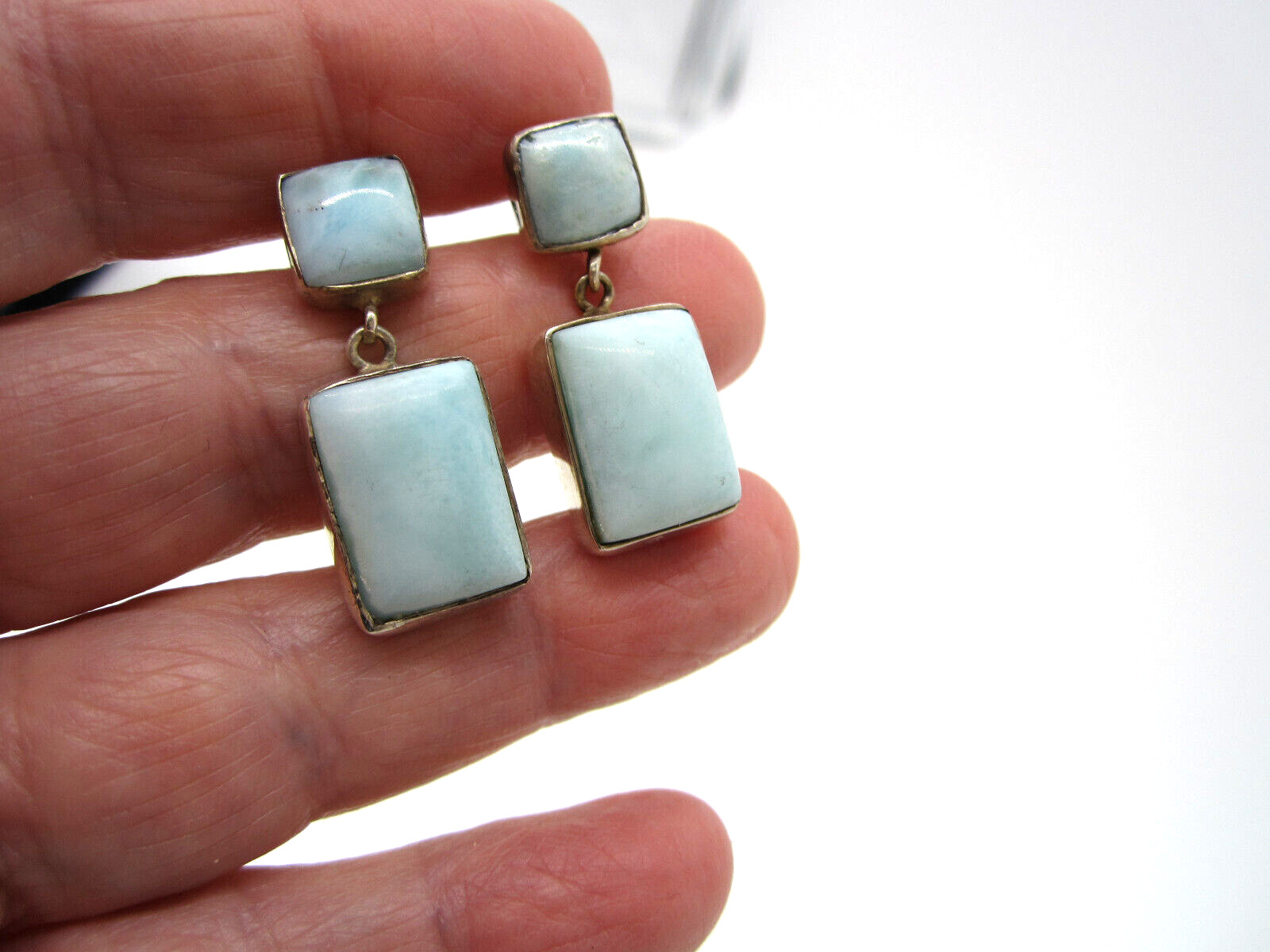 Estate Gorgeous Sterling Silver Blue Larimar 11.9 Gram Dangle Pierced Earrings