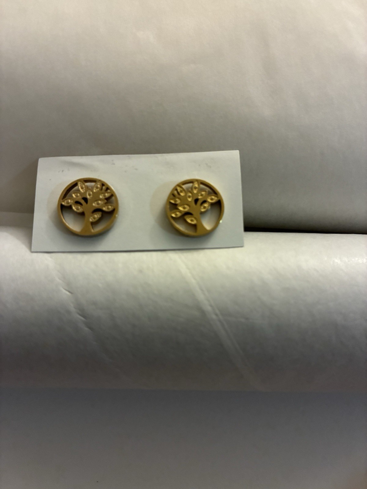Gold Tone Tree of Life Round Stud Earrings Butterfly Closure No Stone Lobe