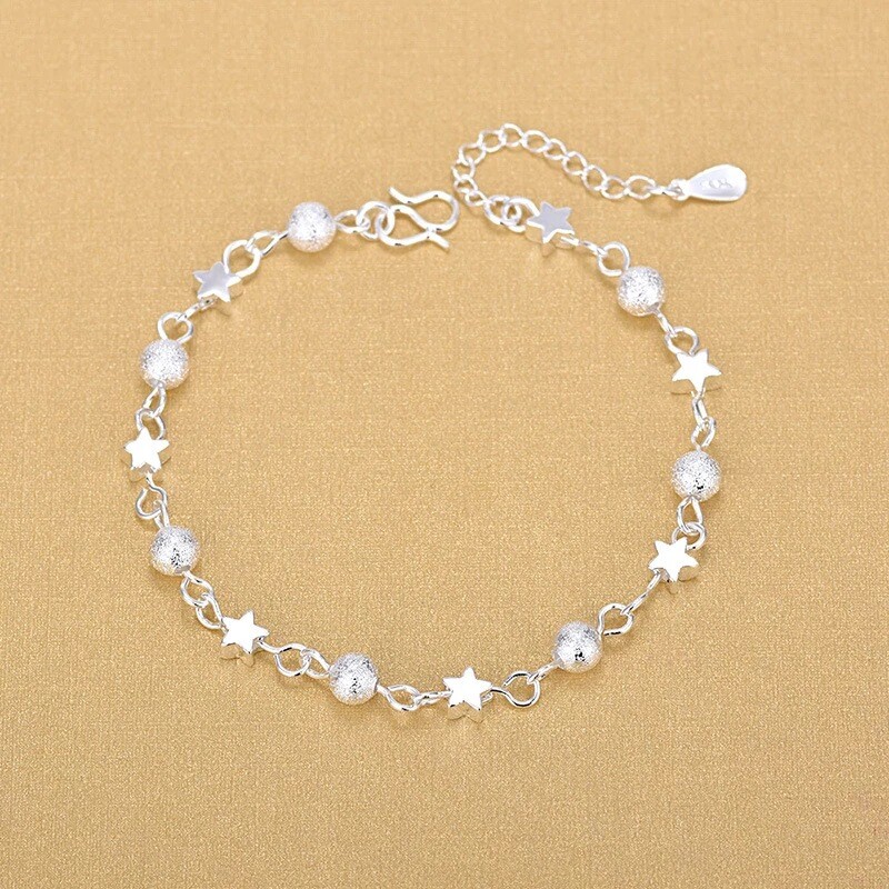 Women’s 925 Sterling Silver Stars Beaded Link Foot Chain Ankle Bracelet #AB41