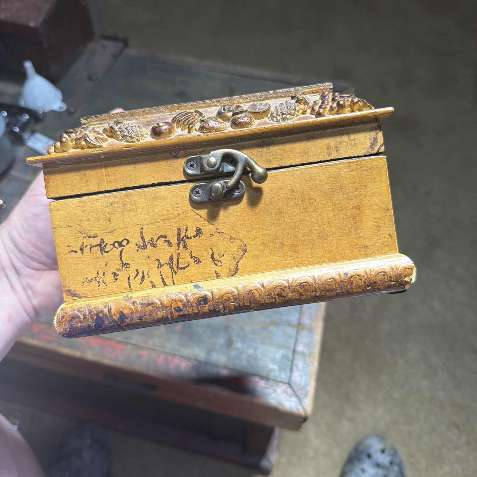 Vintage Handcrafted Wooden Jewelry Keepsake Box Treasure Chest Interior Mirror