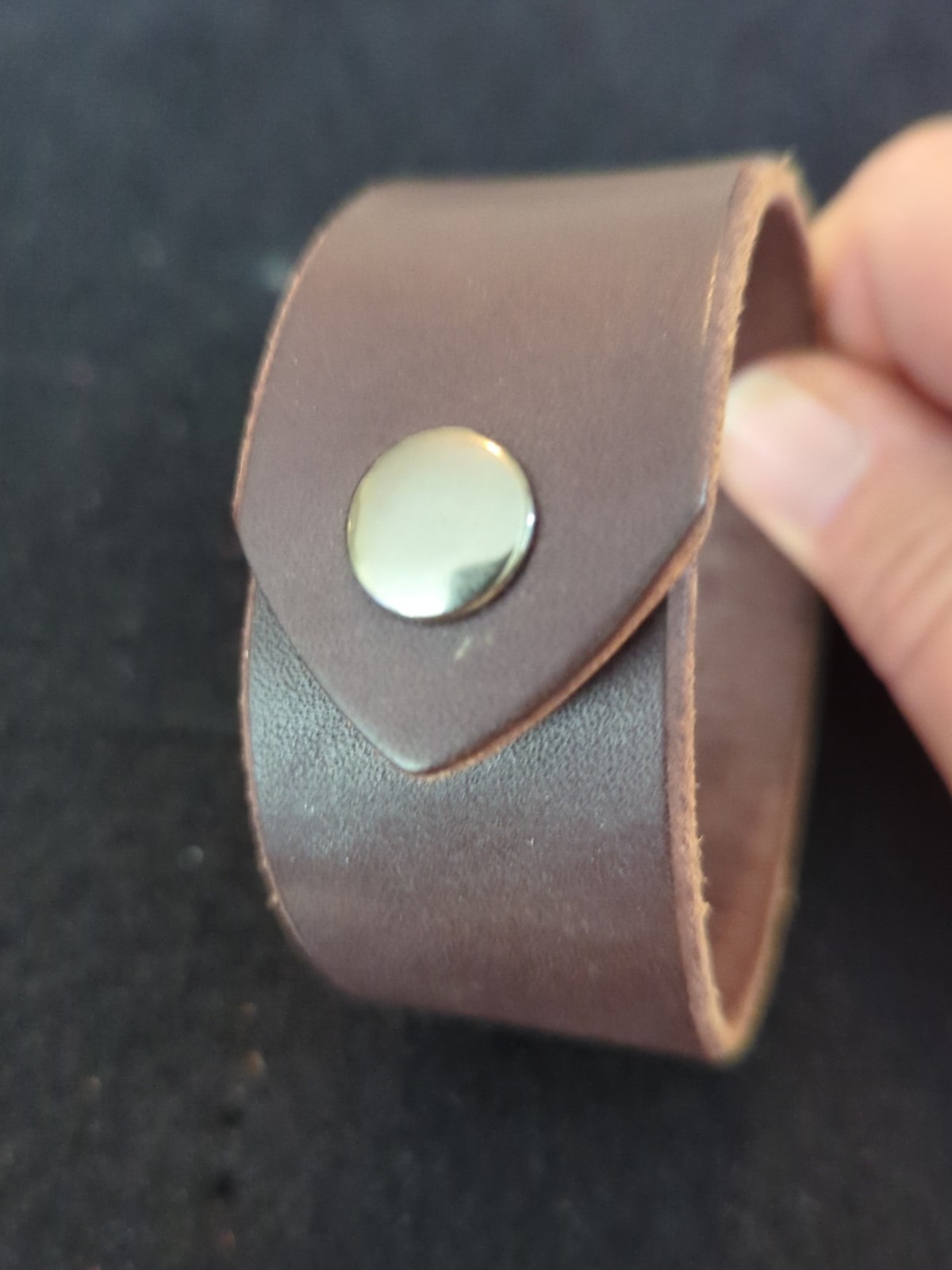 Dark Brown Leather Snap Button 9.5 Inch Bracelet Hand Made Simple No Pattern