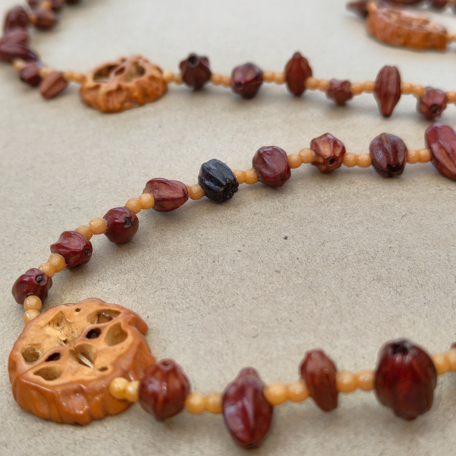Vintage Chinese Walnut & Seed Long Necklace Boho Ethnic Bead Statement 47″ 120cm