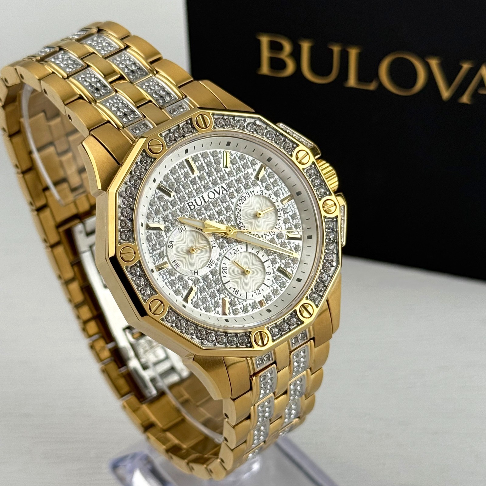 Bulova Octava White Crystal Dial Gold-Tone Stainless Steel Men’s Watch 98C126