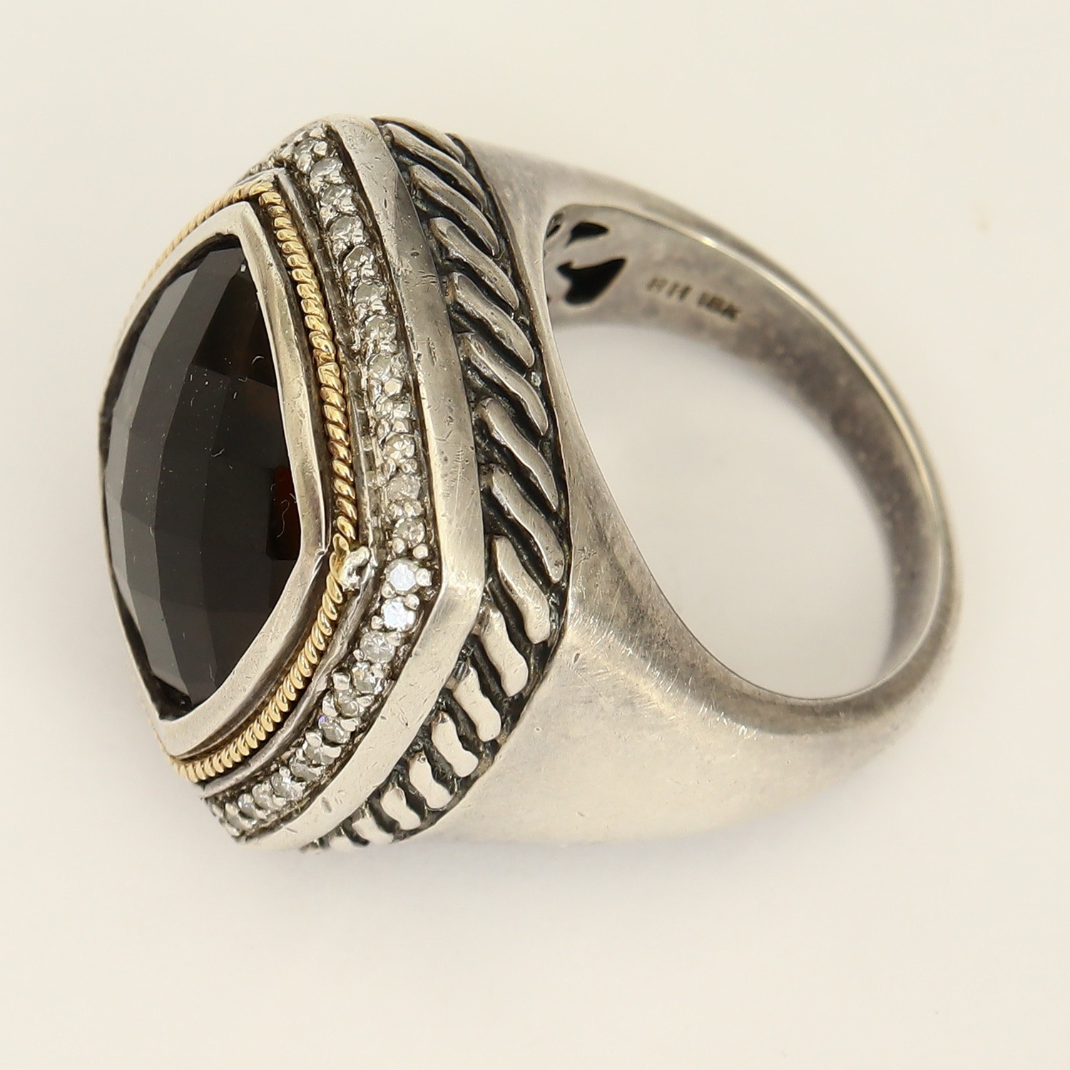 EFFY RING Diamond Sterling 925 Silver 18k Gold Smoky Quartz Balissima size 6