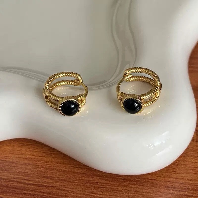 Black Onyx Huggie Earrings,Gold or Silver,Dainty Black Stone Earrings for women