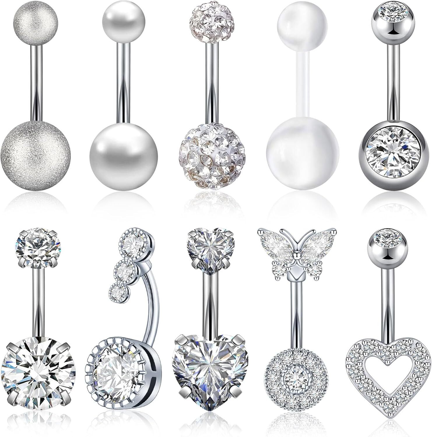 10Pc 14G Stainless Steel Dangle Belly Button Rings for Women CZ Navel Piercing