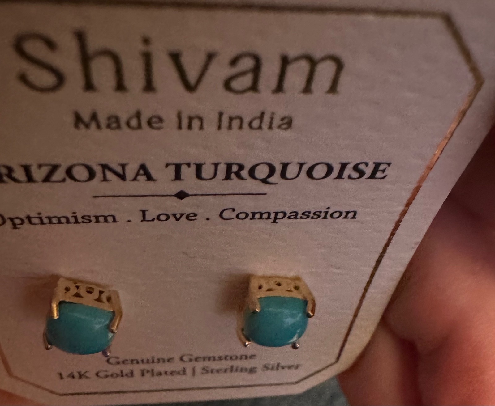 Shivam 14K Gold/Sterling Silver Blue Genuine Arizona Turquoise Stud Earrings~New