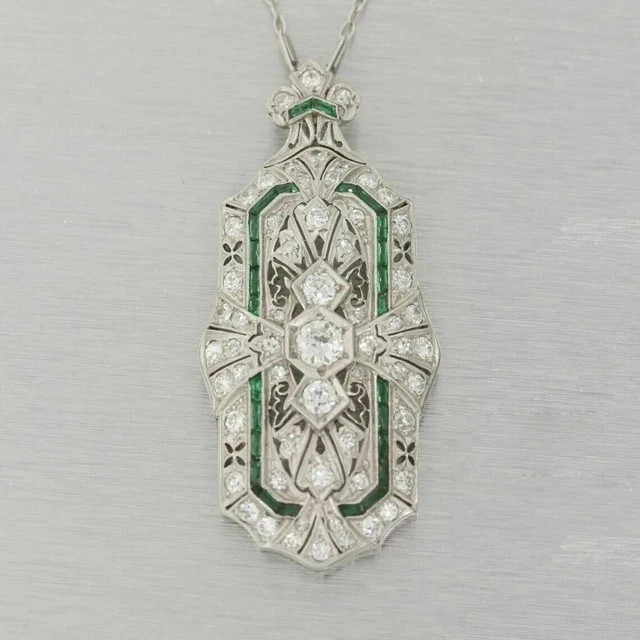3Ct Round Cut Art Deco Pendant Real Moissanite & Emerald 925 Sterling Silver