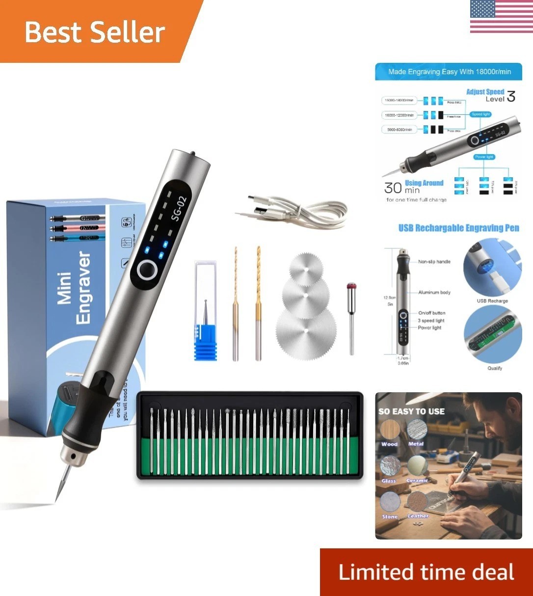 USB Rechargeable Cordless Engraving Pen with 35 Bits for Precision Crafting