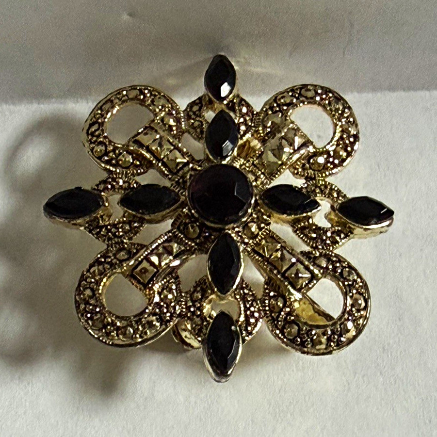 Double Duty! Silver Tone Black Rhinestone Marquise Cluster Bow Brooch OR Pendant
