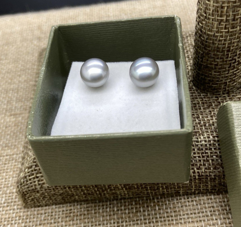 HONORA PEARL STERLING SILVER Light gray PEARL STUD EARRINGS 9MM NEW IN BOX