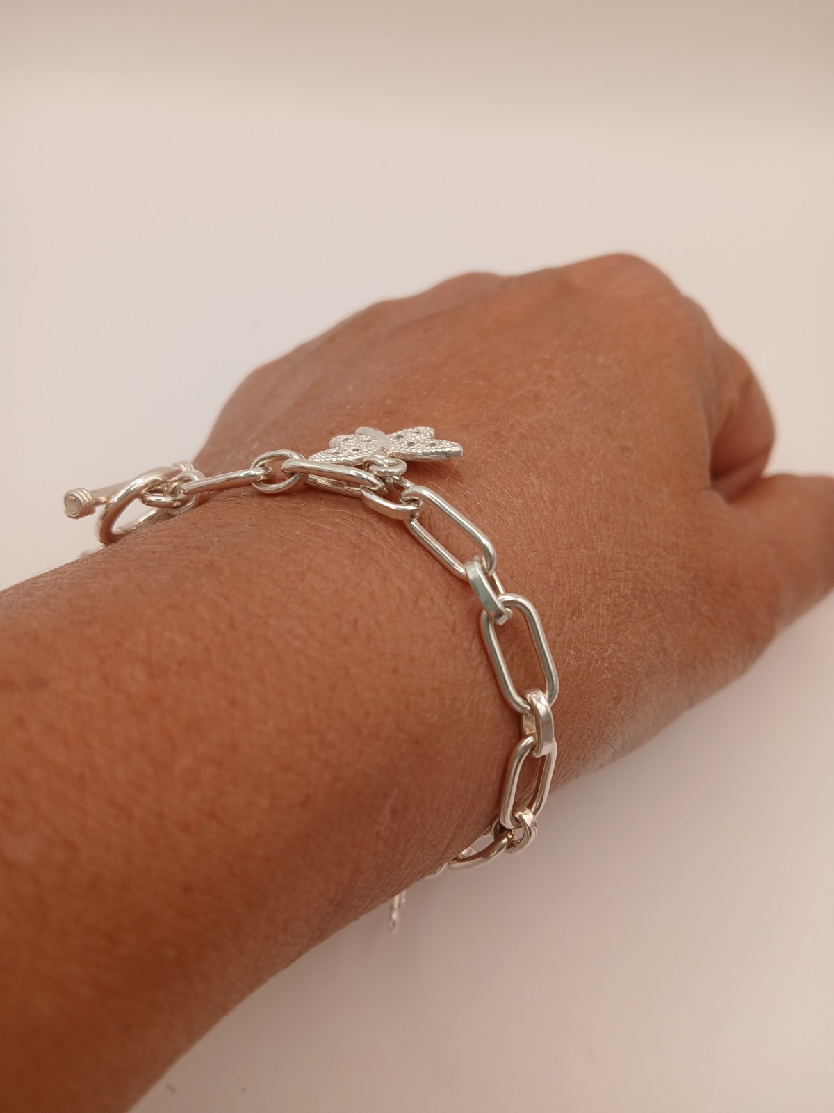 Sterling Silver 925 Link Chain Charm Bracelet Dangle Toggle 7.6-8 in