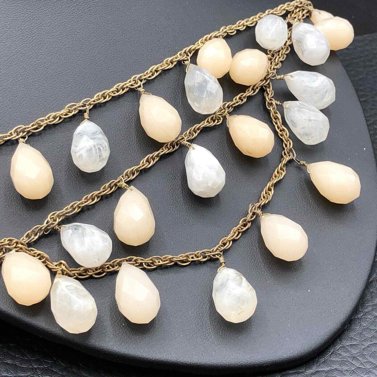 Lydell NYC 3 Strand Necklace Pastel Peach Milky Clear Faceted Briolette Beads