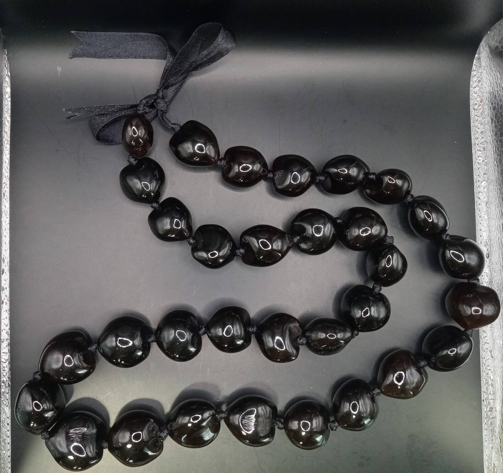 Large Knotted Black Acrylic Beaded Ribbon Statement Necklace 48″ #339