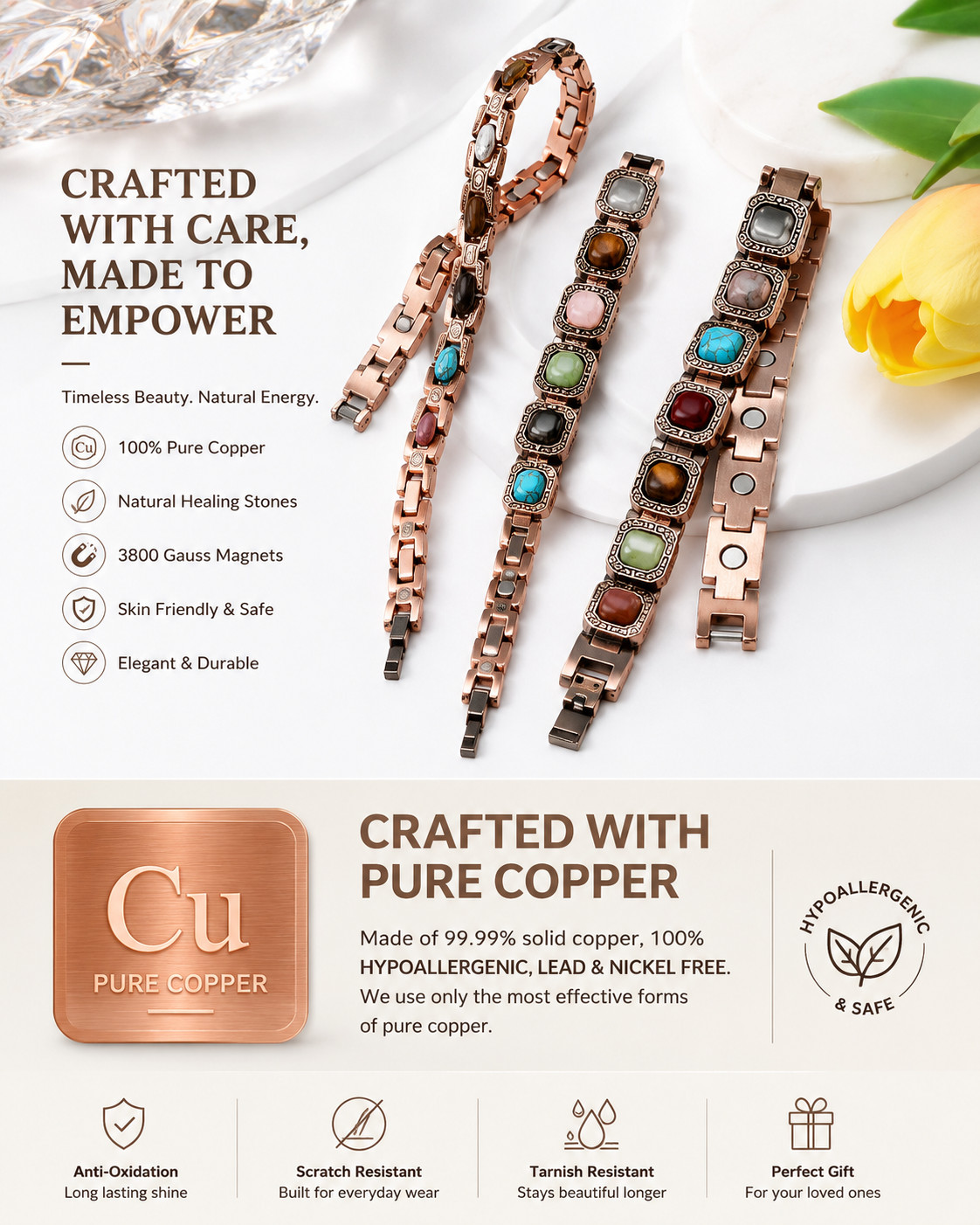 99.99% Pure Copper Magnetic Bracelet Women Adjustable Natural Stone Gift