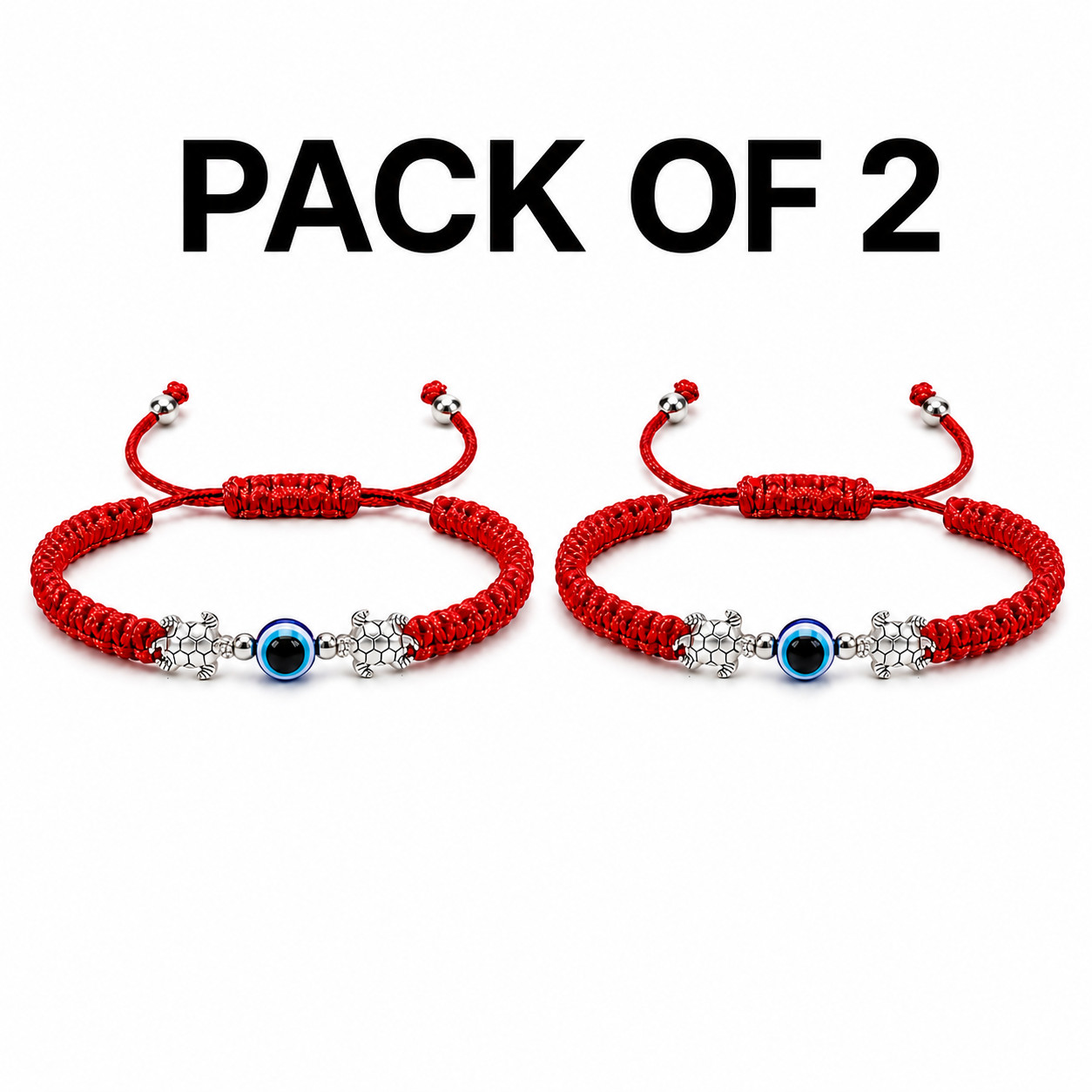 2-Pack Red String Evil Eye Turtle Charm Adjustable Bracelets for Women