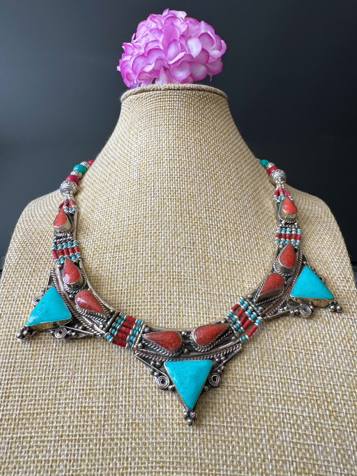 Vintage Ethnic Tribal Pyramid Design Handmade Silver Necklace Inlay Stones 120gr