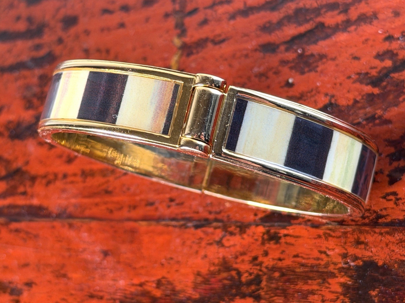 MACKENZIE CHILDS Courtly Check Metal and Enamel Hinged Bangle Cuff Bracelet