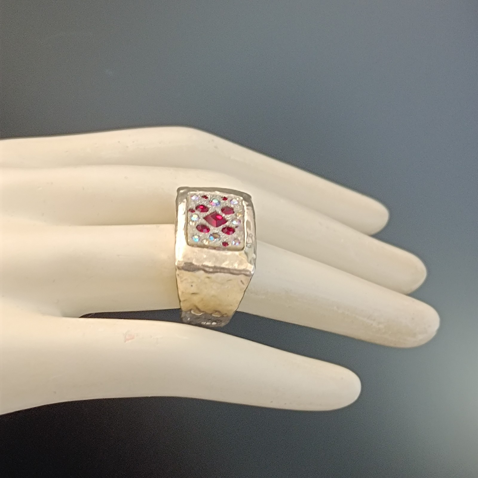 Chunky Silver Statement Ring Hammered Puffy Dramatic Bold Red Orit Schatzman 925