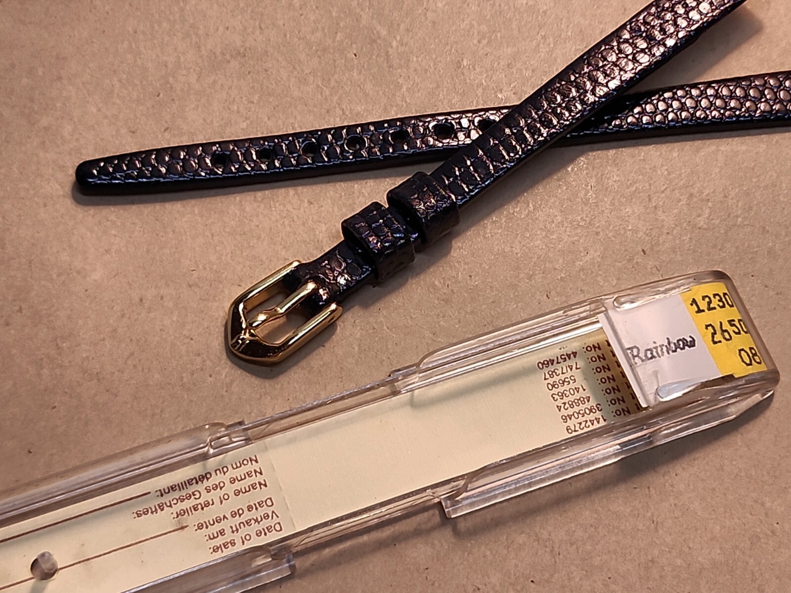 NOS Hirsch Open End 8mm Black Flat Stitchless Rainbow Lizard Grain Watch Band