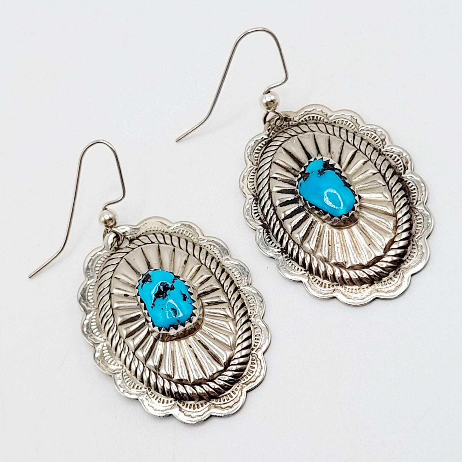 Southwestern Style Silver Tone Turquoise Concho Dangle Pierced Hook Earrings