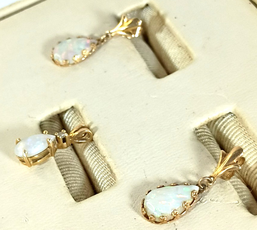 Vintage 14K Gold Opal Earrings & Pendant Set Natural White Fire Opal Mexico