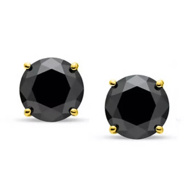 14K Yellow Gold 4 Prong Basket Set with Black Round CZ Studs Push Back Earrings
