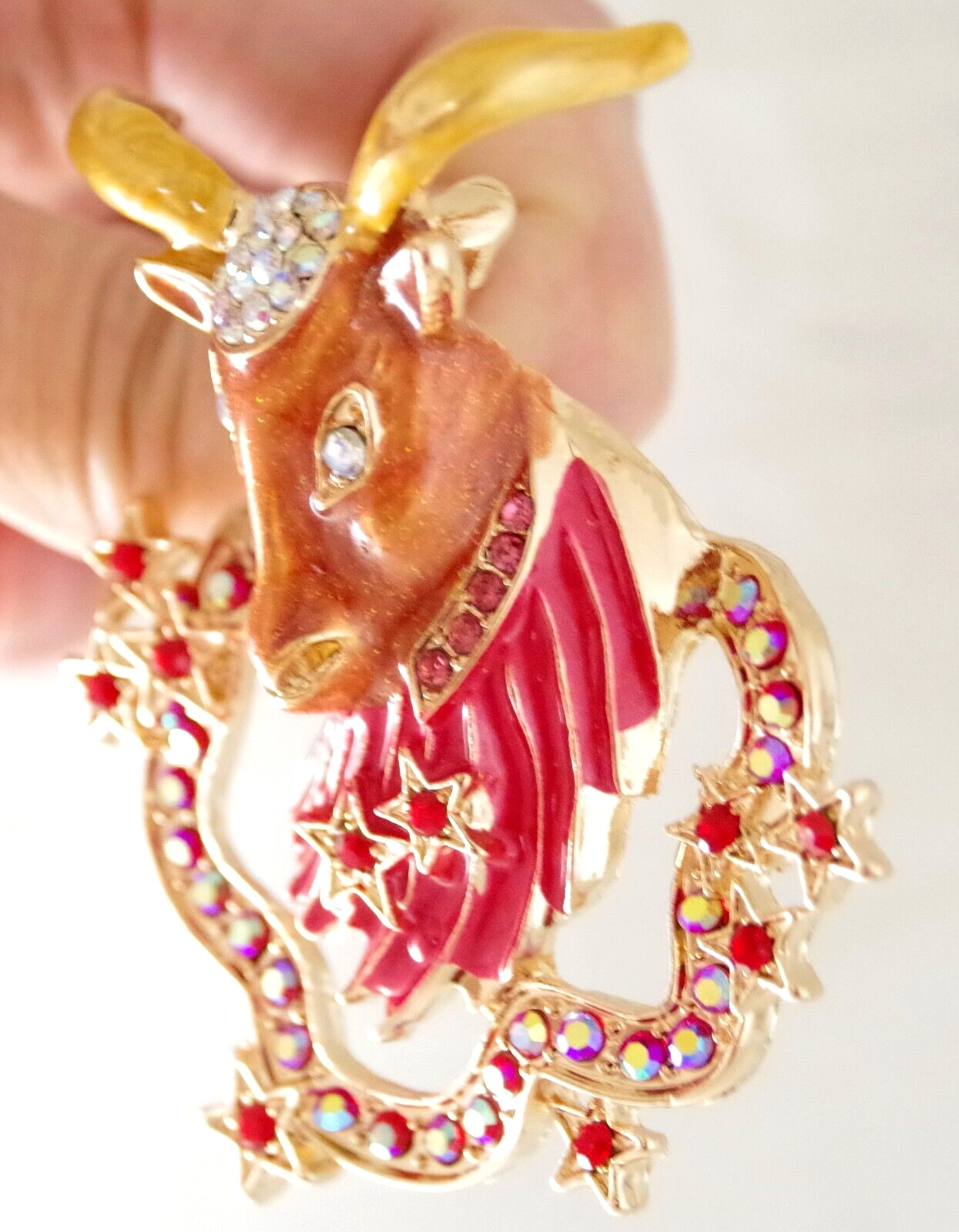 2.75″ DESIGNER STYLE CAPRICORN ZODIAC HOROSCOPE GOAT AB RHINESTONE BROOCH PIN