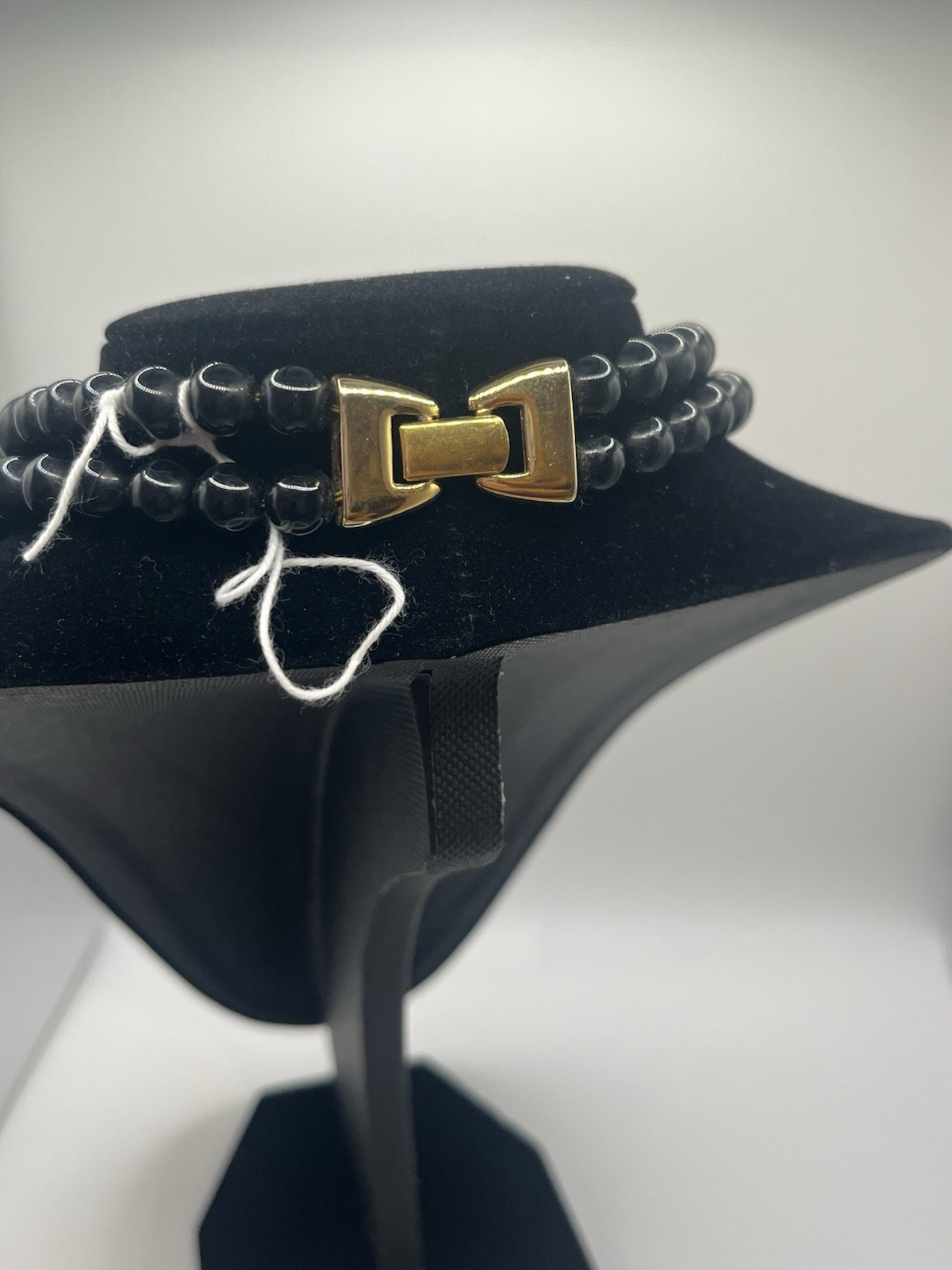 Vintage © Napier Double Strand Black Bead Gold Tone Statement Necklace Signed