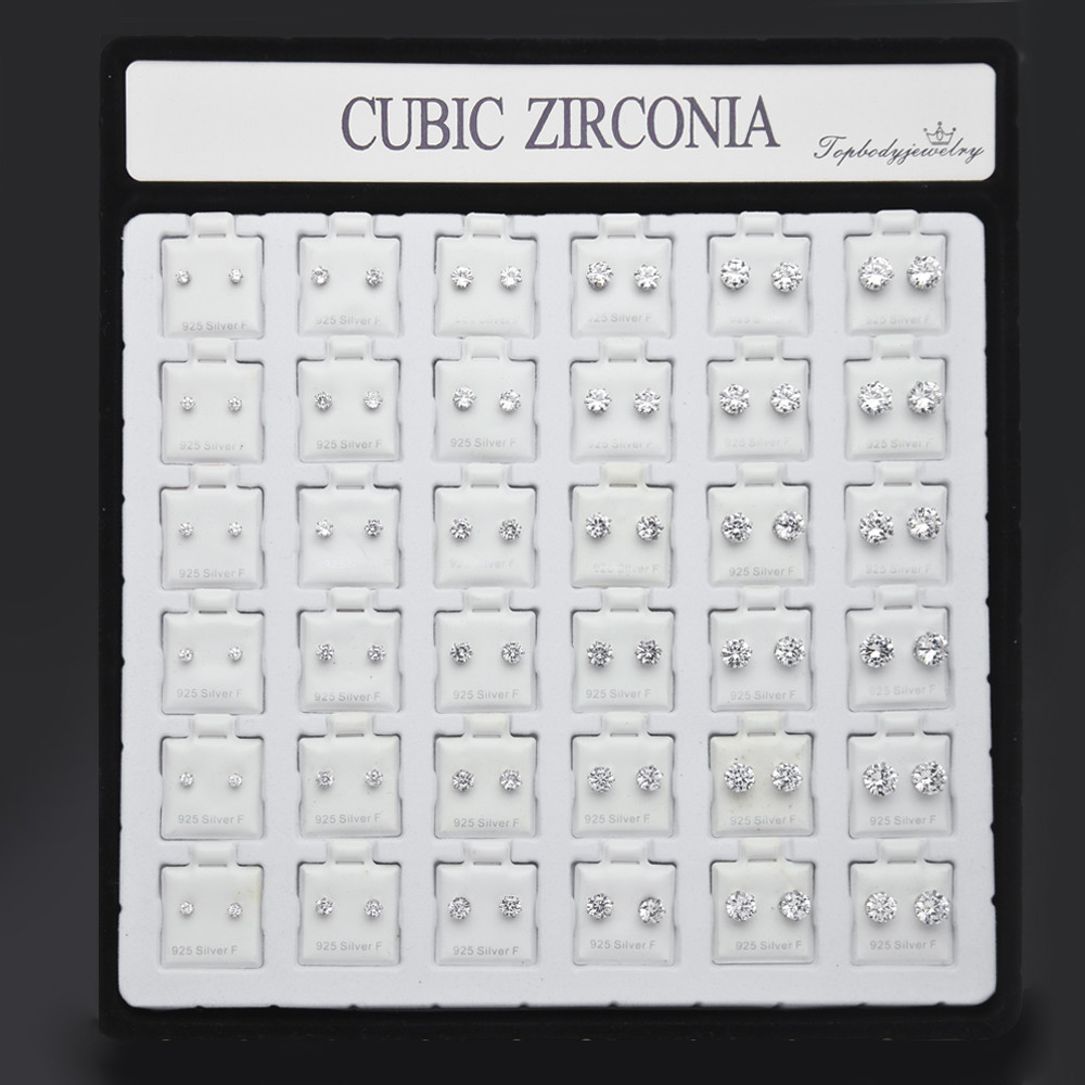 Wholesale 36pcs Cubic Zirconia CZ Women Earrings Studs Silver Quality Jewelry