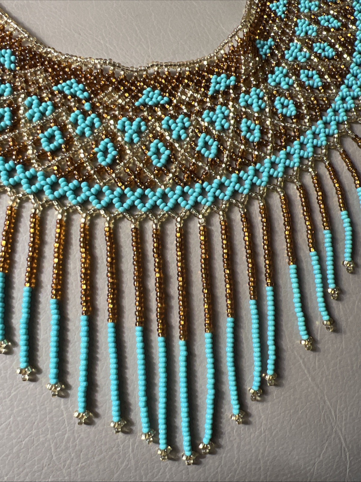 Beautiful Handmade Blue /brown/Yellow Seed Beaded Collar 16.5” Necklace