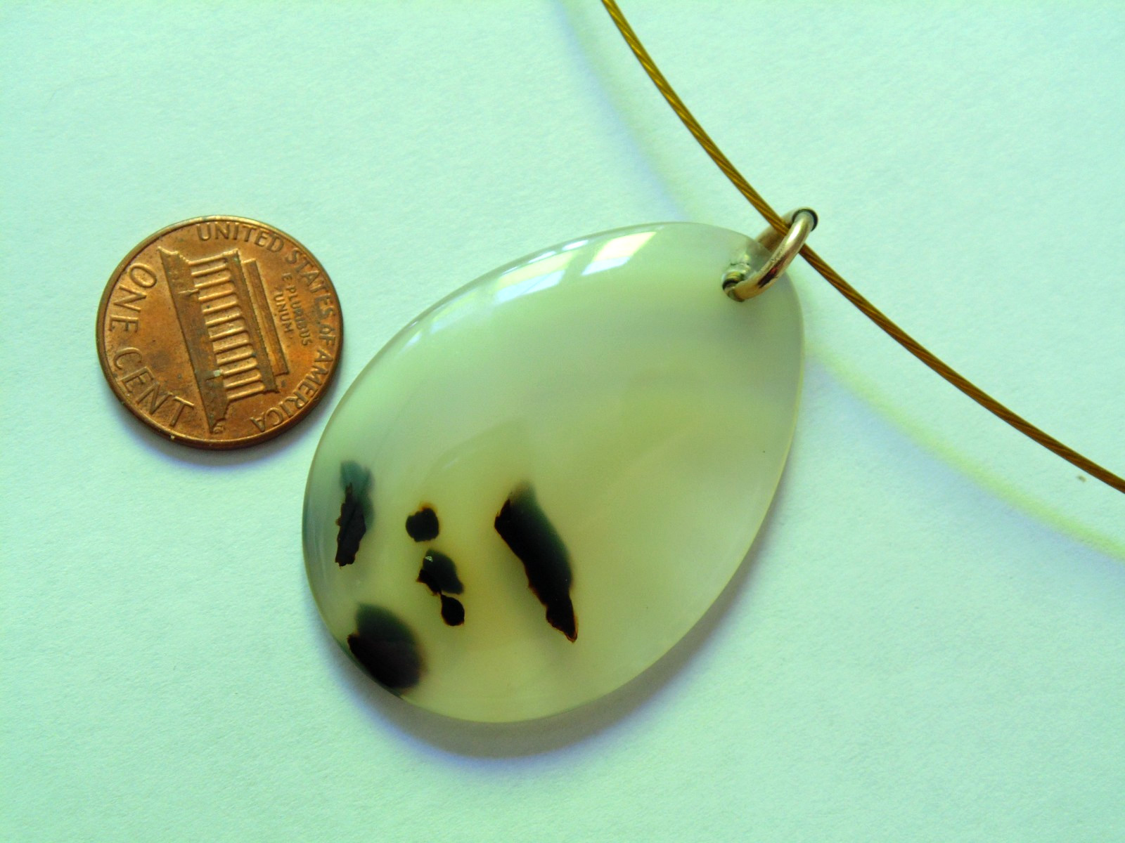 Vtg Montana Agate Drop Dangle Pendant Necklace 18.5″ Coated Gold Wire Choker
