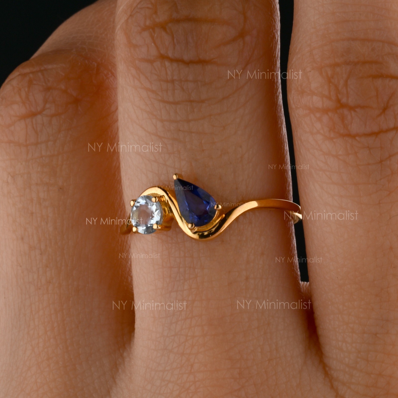 Natural Diffused Pear Blue Sapphire & Round Aquamarine 14K Gold Wave Band Ring