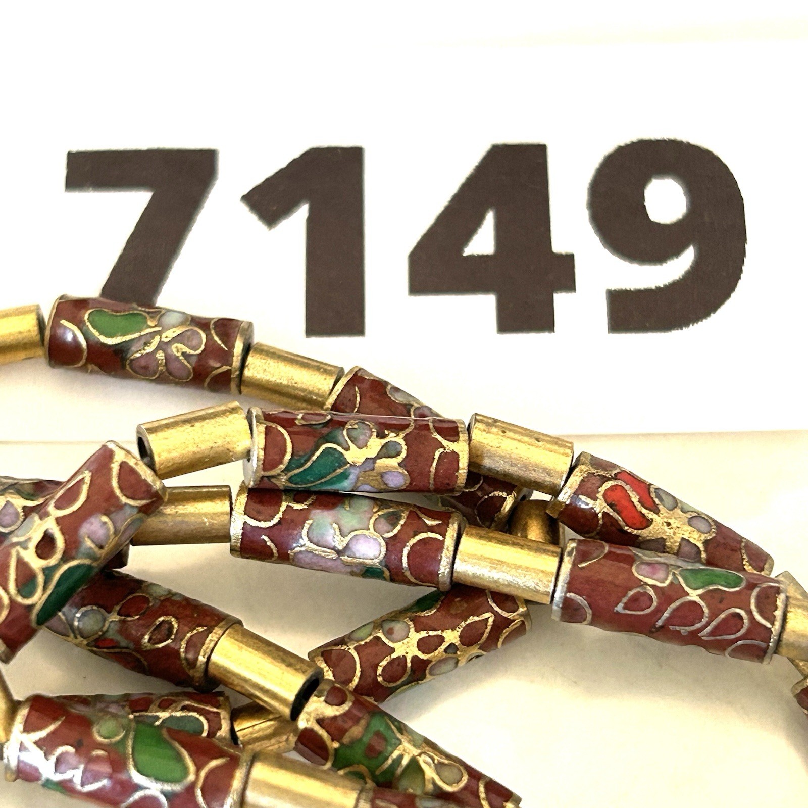 Vintage Chinese Export Cloisonne Enamel Tube Bead Necklace Red Gold Tone 22”