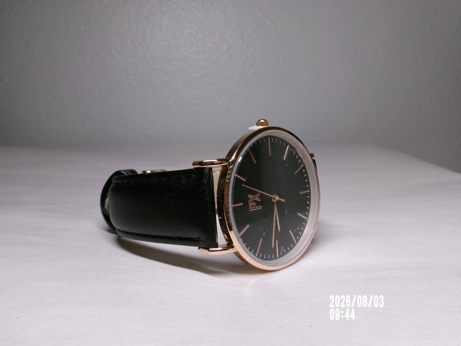PX MENS TWO TONE ROSE GOLD/BLACK FACE WATCH WITH BLACK LEATHER BAND 6.5-8″ FIT