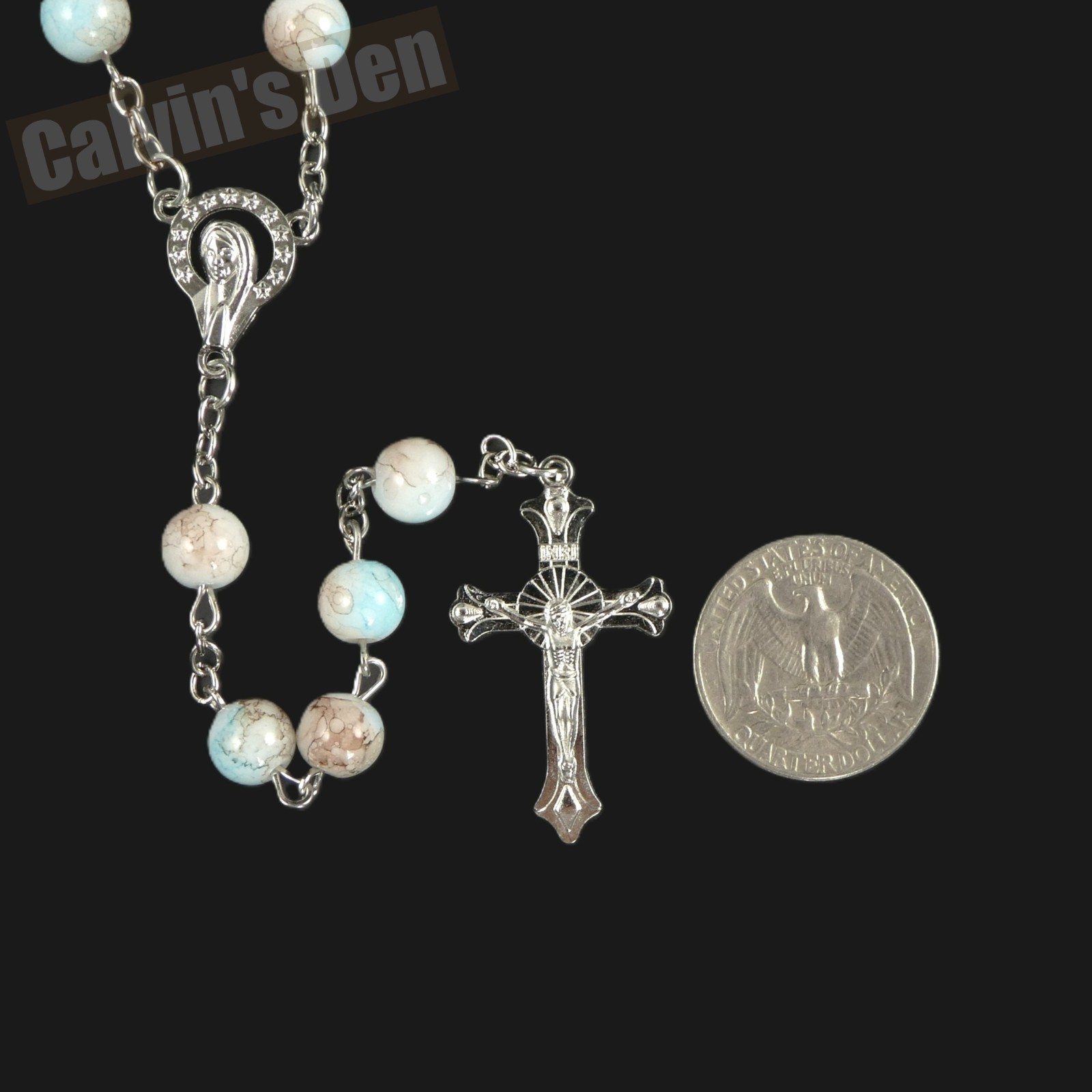 Mary with Crown of 12 Stars Crucifix Cross Rosary Marbled Light-Blue Bead Gift