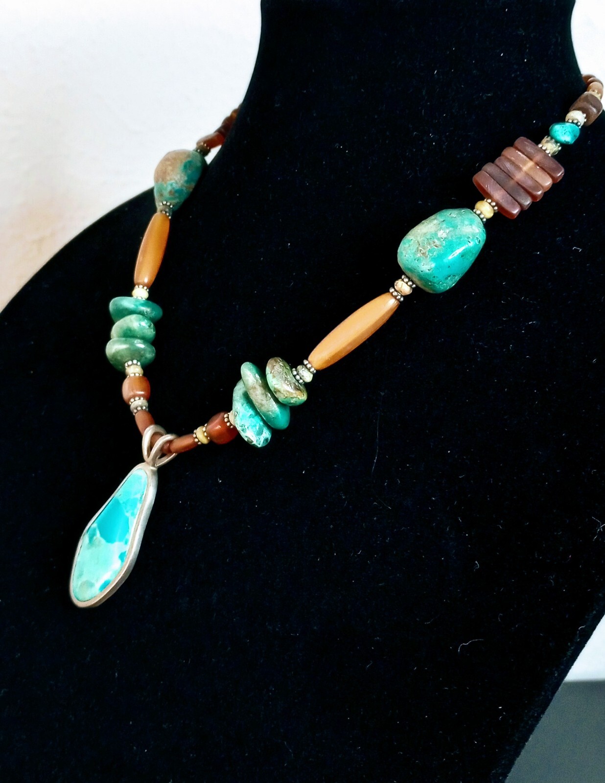 Signed BARSE .925 Sterling Silver Turquoise & Amber Necklace 52.55 Grams 18″ L