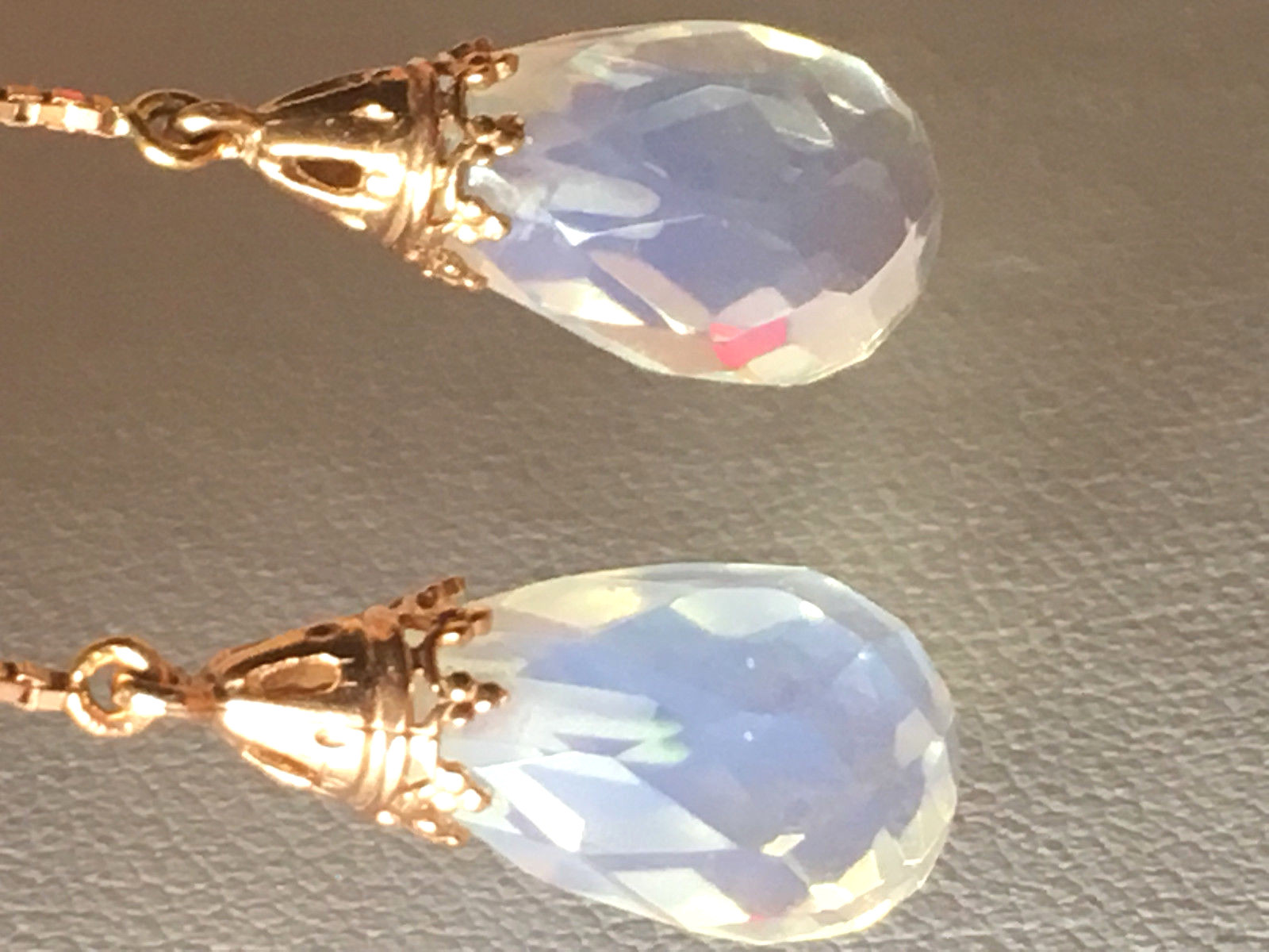 14K PINK ROSE GOLD MOONSTONE THREADER PULL THROUGH CHAIN DANGLE DROP EARRINGS