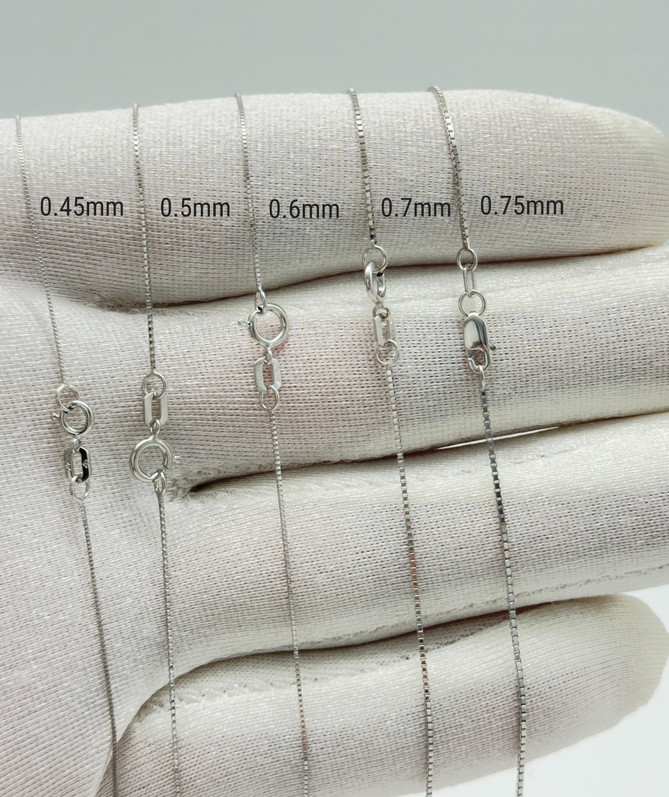 14K Solid White Gold Box Chain Necklace 0.45-0.75mm Diamond Cut Pendant Chain