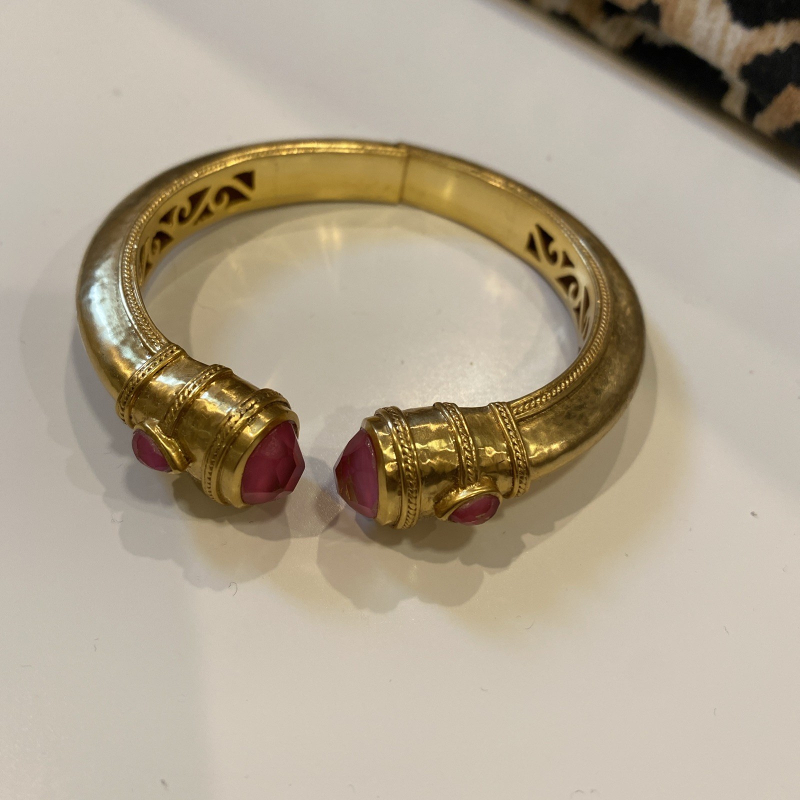 NEW Julie Vos Hinged Cuff Bracelet Bangle 24k Gold Plate Pink Stones