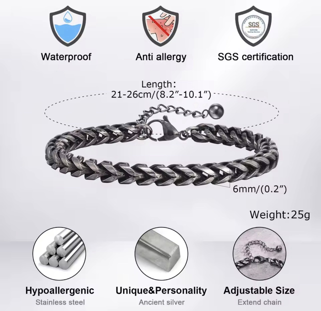 Men’s vintage stainless steel bracelet, double-layer round curved chain bracelet