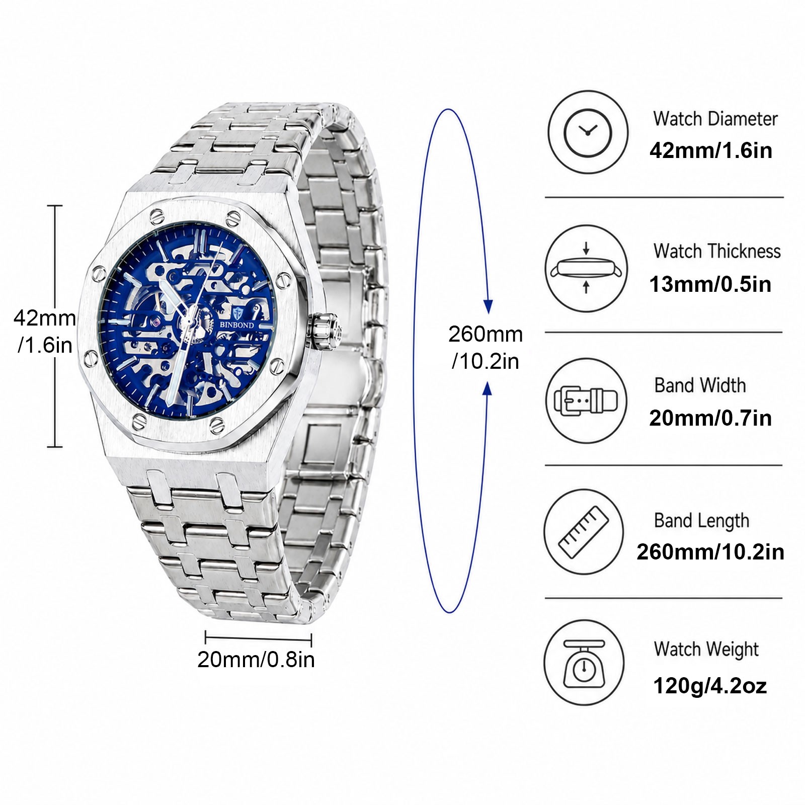 Men’s Automatic Mechanical Wristwatch Skeleton Stainless Steel Blue Dial Luminou