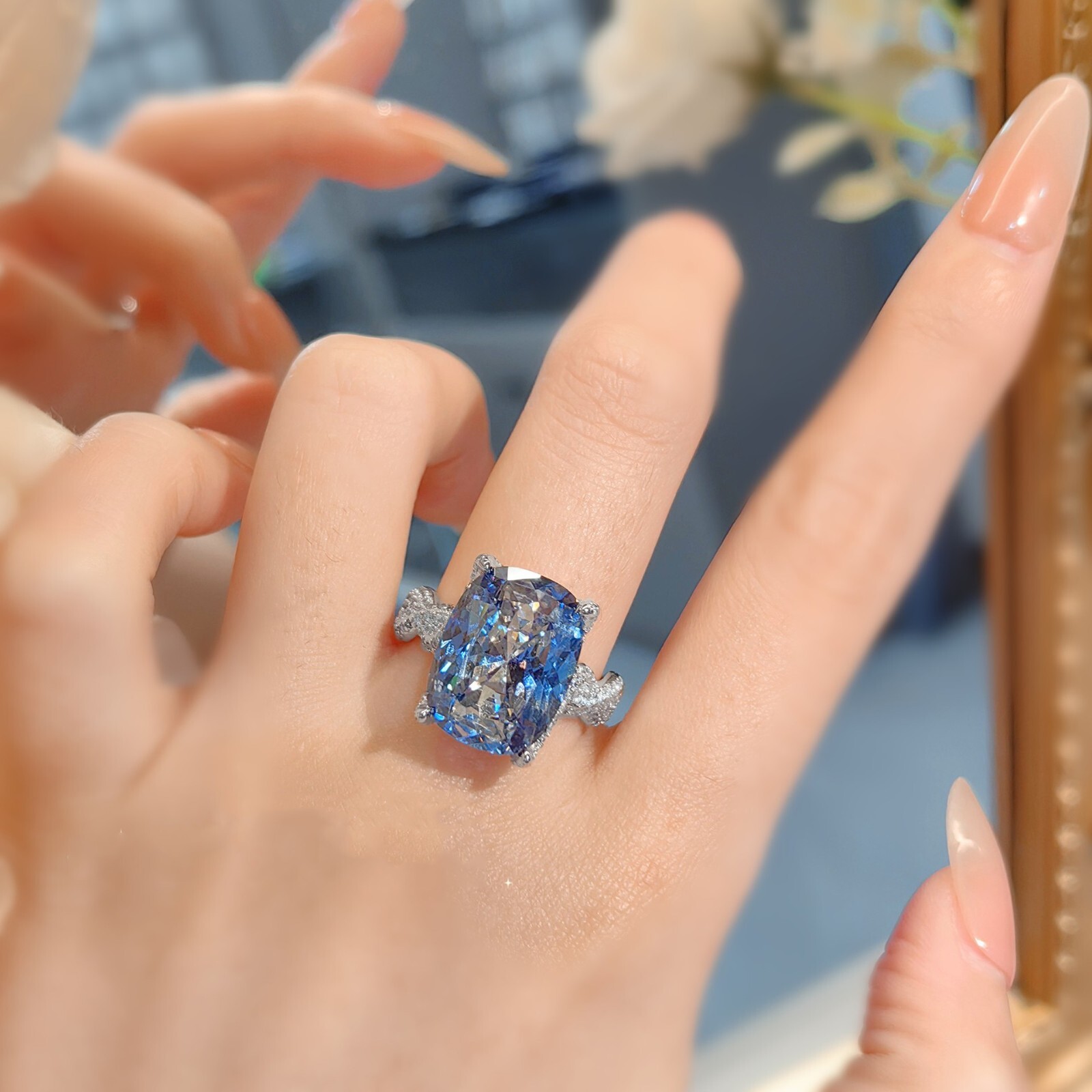 New Hign Carbon Tanzanite Blue Topaz Gemstone Luxury Charm Women Silver Rings