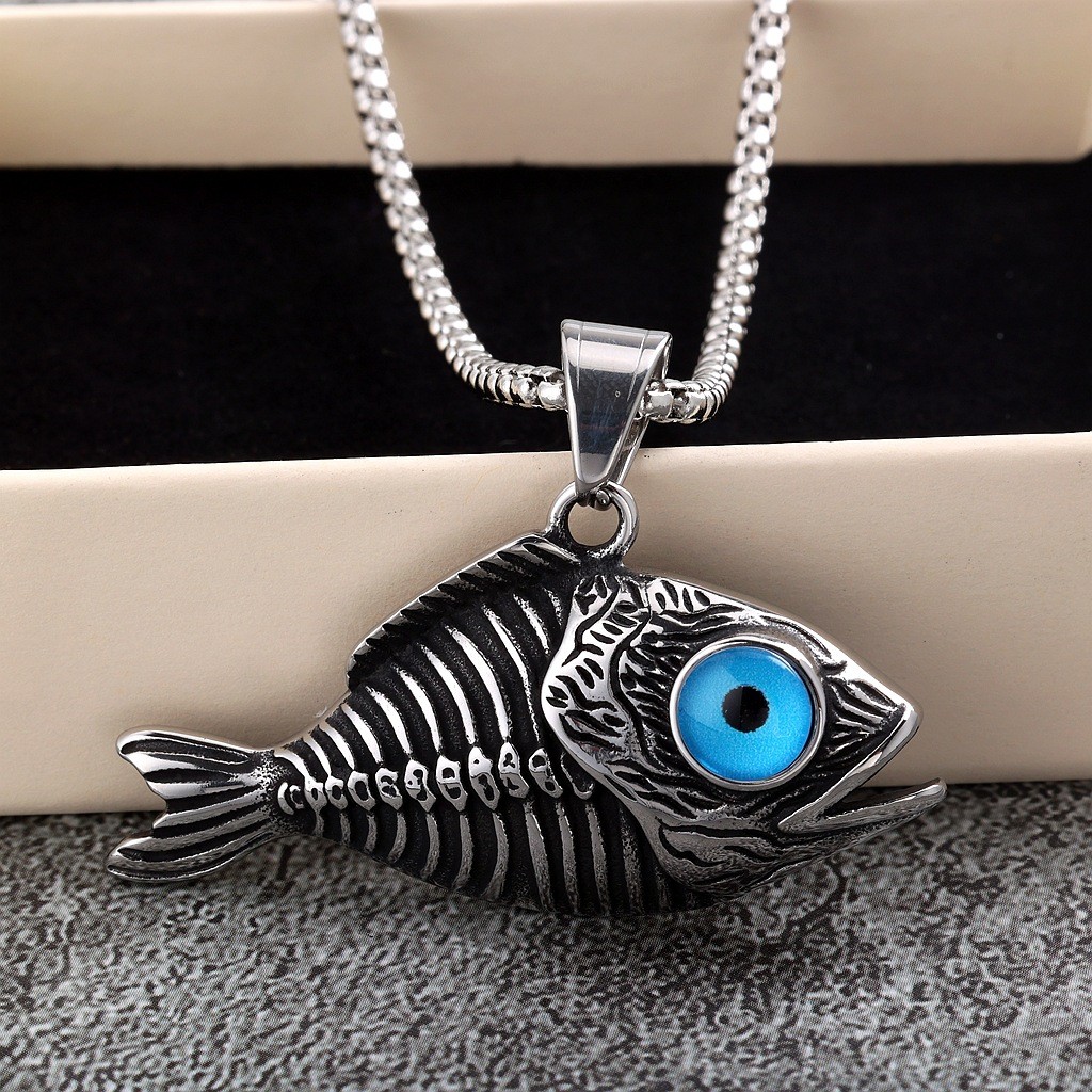 Fish Aquatic Jewelry w/ Blue Eye Fishing Animal Pendant Necklace Stainless Steel