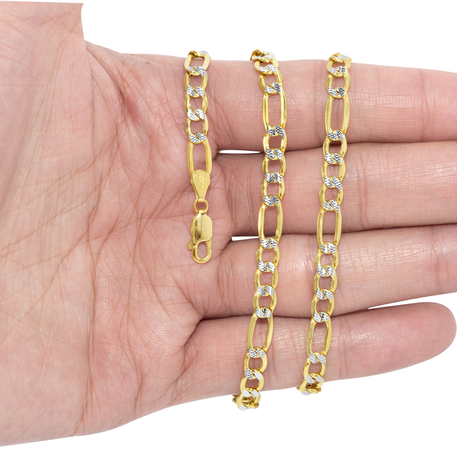 10K Solid Gold 2mm-12mm Diamond Cut Pave Figaro Chain Necklace Bracelet 7″- 30″