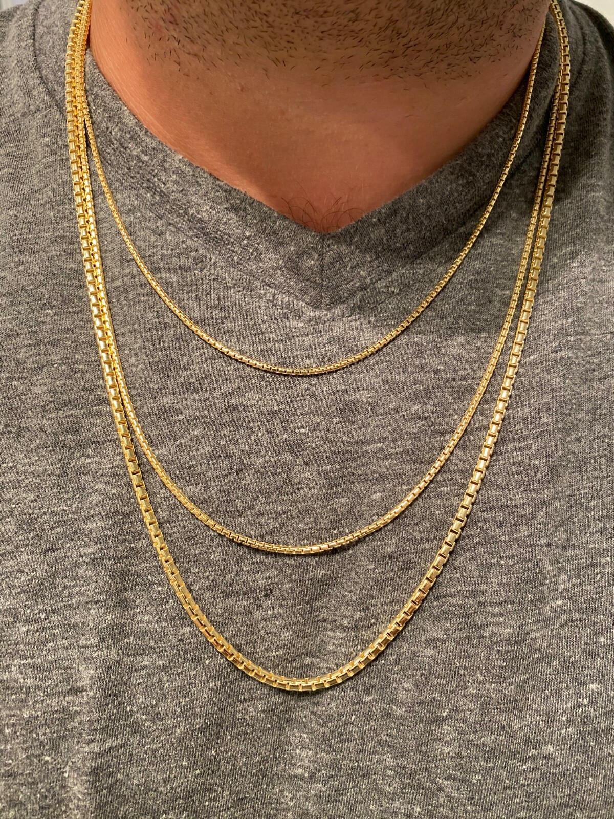 14k Gold Plated Solid 925 Sterling Silver Rounded Box Chain Necklace Men Ladies