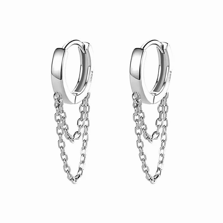 925 Silver Chain Huggie Hoop Earrings Dangle Double Chain Drop Earrings 087