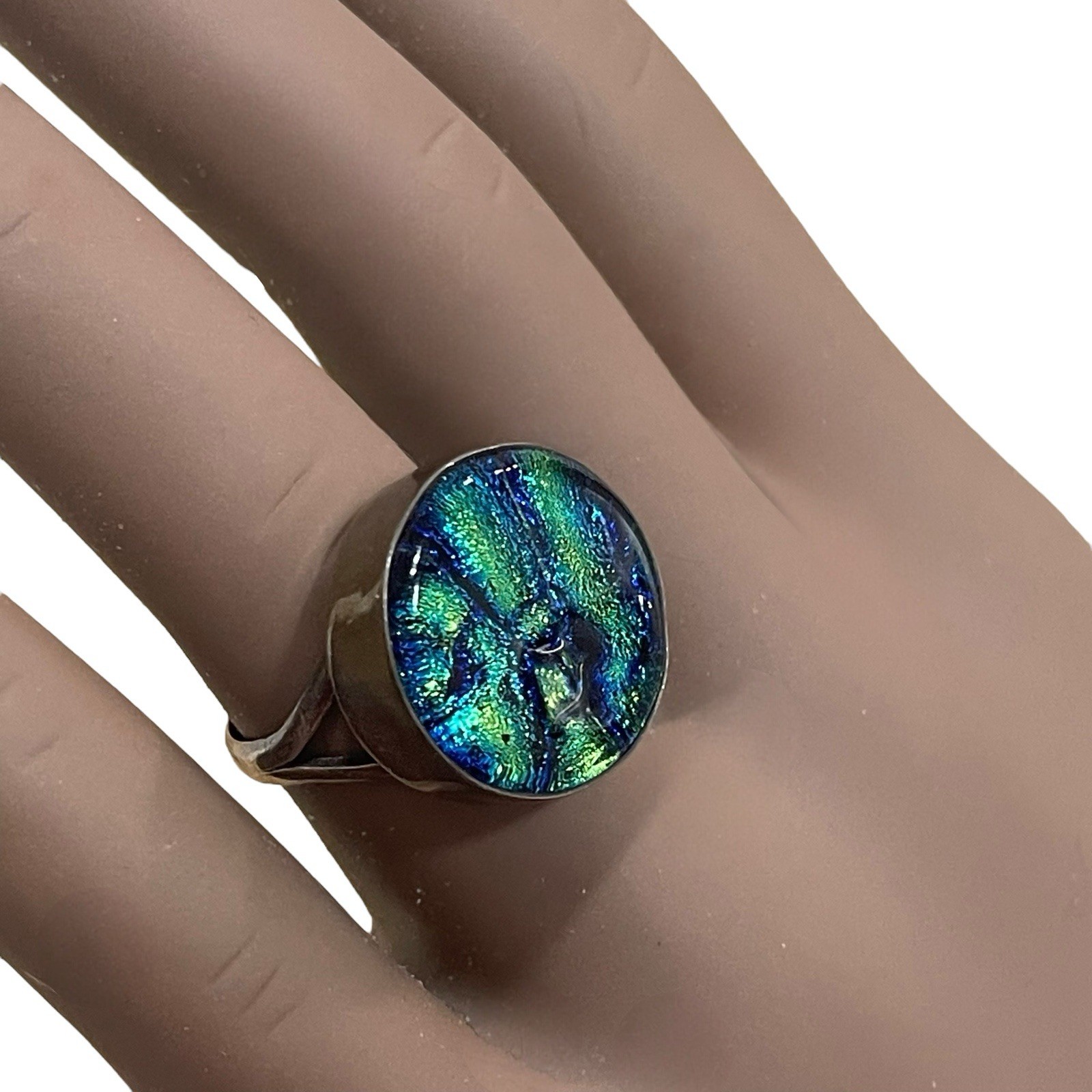 Dichroic Art Glass Ring Sterling Silver 925 Vtg Green Blue Ladies Sz 7.5 Sparkle