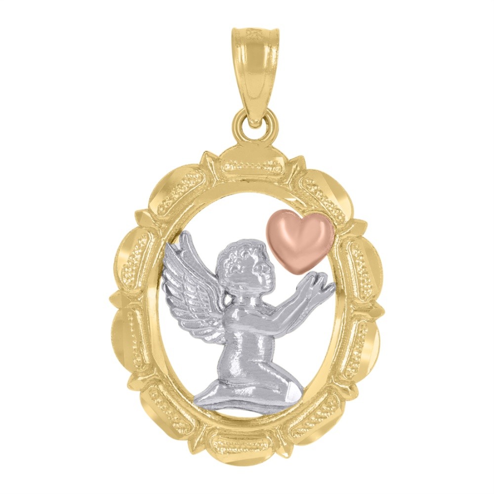 14K Tri-Color Gold Heart Flower Charm Pendant 1.6gm L-32.1 mm, W-14.4 mm